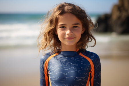 Portrait of a cute little girl in wetsuit at the beachの素材