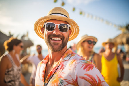 Portrait of smiling man with friends on the background at the beachの素材