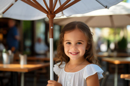 Adorable little girl with umbrella in cafe on sunny day. Summer vacationの素材