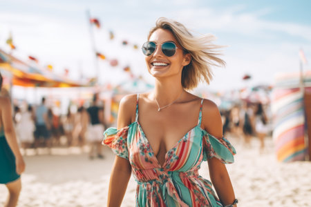 Beautiful young woman in sunglasses on the beach. Summer vibes.の素材