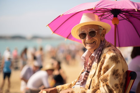 Portrait of happy senior man sitting on the beach under pink umbrellaの素材