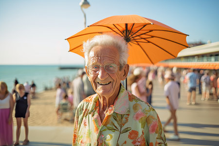 Portrait of senior man with umbrella on the beach in summer.の素材