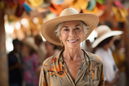 Portrait of happy senior woman in straw hat at party on beachの素材