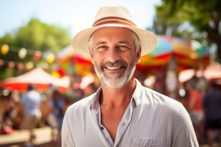 Portrait of a happy senior man in a straw hat smiling at the cameraの素材