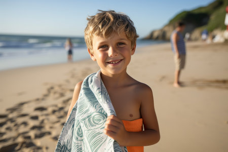 Portrait of smiling boy wrapped in towel standing on beach during summer vacationの素材