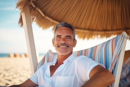 Portrait of happy senior man relaxing on hammock at beach during sunny dayの素材