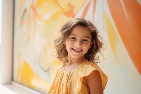 beautiful little girl smiling and looking at camera in room with painted wallの素材