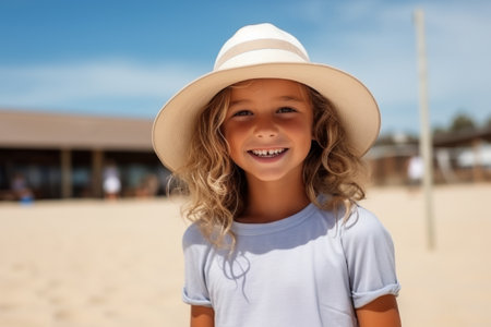 Portrait of a smiling little girl in a white hat on the beachの素材