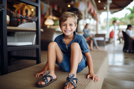 Cute little boy sitting on the floor in a cafe and smilingの素材
