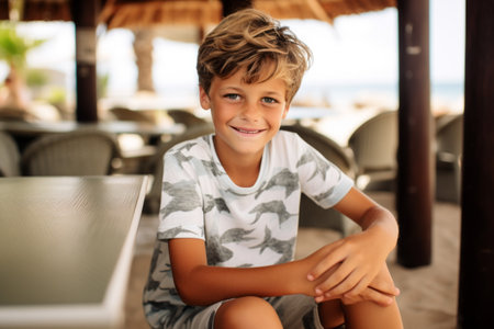 Portrait of a cute little boy sitting on the beach and smilingの素材