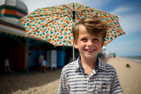 Portrait of a smiling boy with an umbrella on the beach.の素材