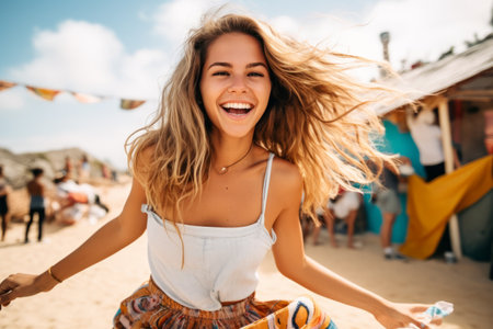 Portrait of a happy young woman with long hair having fun on the beachの素材