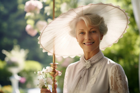 Portrait of beautiful senior woman with umbrella in garden on sunny dayの素材