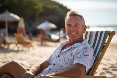 Portrait of happy senior man sitting on deck chair on beach at summerの素材