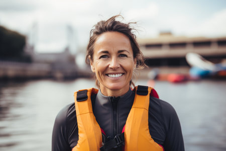Portrait of smiling woman in life jacket standing on river embankmentの素材