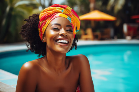 Close up portrait of beautiful african american woman with afro hairstyle wearing colorful headscarf and sunbathing in swimming poolの素材