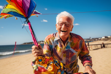Portrait of happy senior man with kite on the beach.の素材