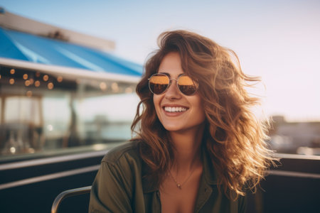 Portrait of a beautiful young woman with long curly hair and sunglasses in the city.の素材