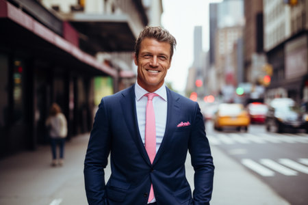 Portrait of a handsome businessman wearing suit and tie standing in the streetの素材