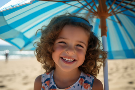 Portrait of smiling little girl under parasol on beach during sunny dayの素材