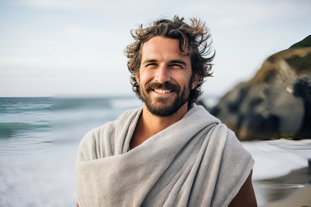 Portrait of handsome man wrapped in towel on the beach at sunriseの素材