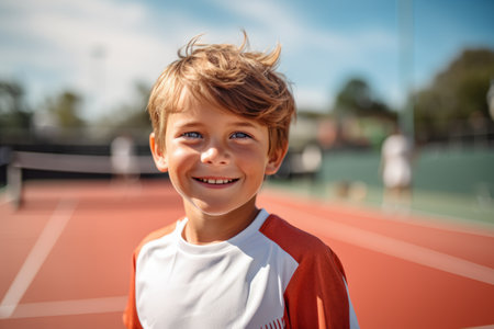 Portrait of smiling boy looking at camera while standing on tennis courtの素材