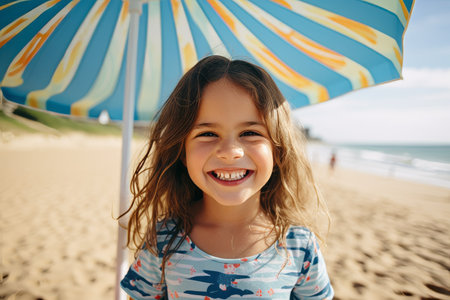 Portrait of a smiling little girl with umbrella on the beach.の素材
