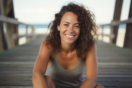 Portrait of smiling young woman sitting on wooden pier at the beachの素材