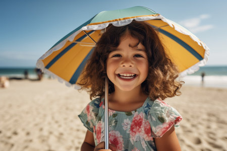 Portrait of smiling little girl with umbrella on the beach at sunny dayの素材