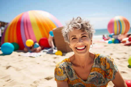 Portrait of happy young woman on beach with colorful balloons in backgroundの素材
