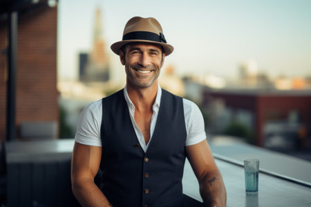 Portrait of a handsome mature man in a hat sitting at a table in a restaurantの素材