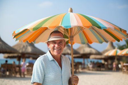 Portrait of a happy senior man with beach umbrella at the beachの素材