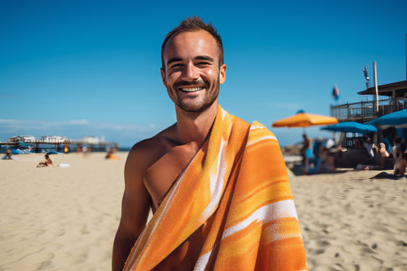 Portrait of a handsome young man wrapped in a towel on the beachの素材