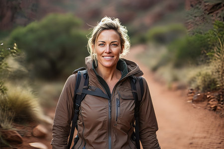 Portrait of a happy female hiker looking at camera in a desertの素材