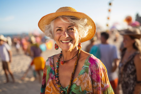 Portrait of happy senior woman dancing at music festival on the beachの素材
