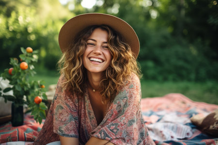 Portrait of a smiling young woman in hat sitting on a blanket in the gardenの素材