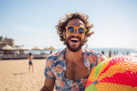 Portrait of young man in sunglasses holding inflatable ball on beachの素材