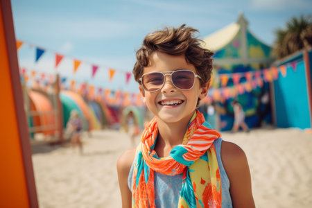 Portrait of smiling child in sunglasses and scarf standing on beach in summerの素材