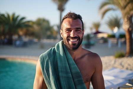 Portrait of a smiling man with towel on his head standing near swimming poolの素材