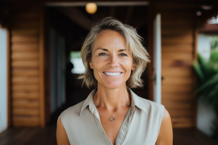 Portrait of smiling businesswoman standing in front of her office deskの素材