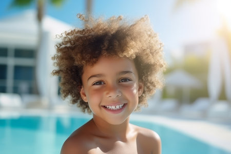 Portrait of cute african american child in swimming pool at sunny dayの素材