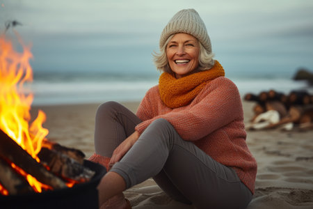 Smiling senior woman sitting near bonfire on beach at autumn dayの素材