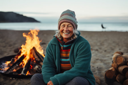 Senior woman sitting by bonfire on the beach at autumn day.の素材