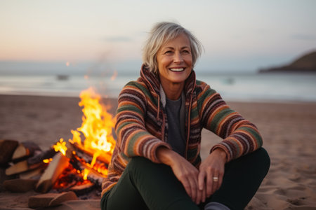 Portrait of smiling senior woman sitting by bonfire on beach at autumn dayの素材