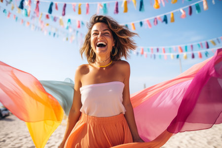 Beautiful young woman on the beach at sunset with a rainbow flagの素材