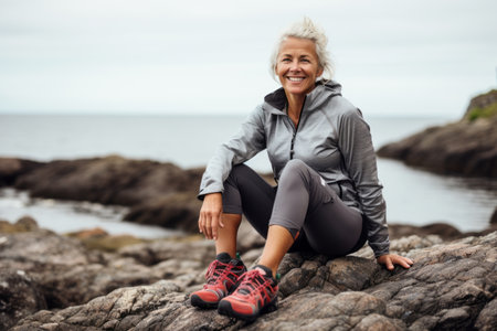 Portrait of a smiling senior woman sitting on a rock by the seaの素材