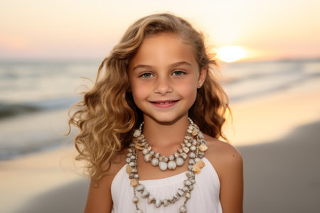 Portrait of a beautiful little girl on the beach at sunset.の素材
