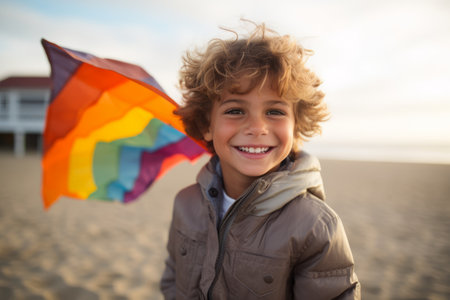 Portrait of smiling boy with rainbow kite at beach during autumn dayの素材