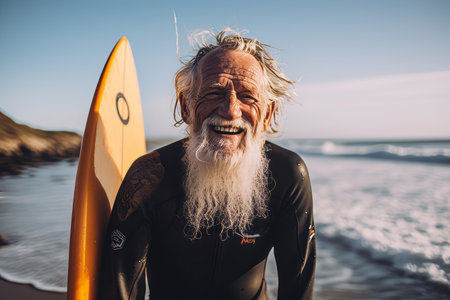 Portrait of senior man in wetsuit with surfboard on the beachの素材