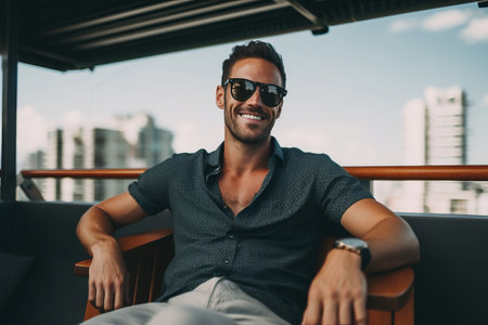Portrait of a handsome young man in sunglasses sitting on the deck of a cruise ship.の素材